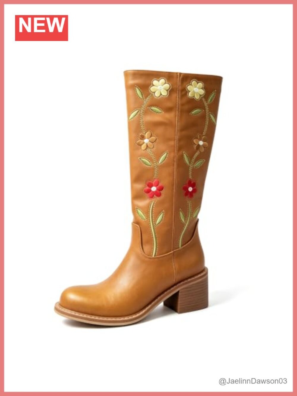Women's Mid Calf Western Cowboy Boots Floral Embroidered Square Heel Pull On